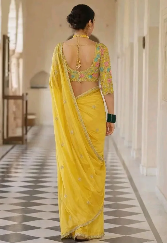 Designer Yellow Organza Saree with Embroidered Blouse, Floral Thread Work, Sequins and Zari Border, Unstitched Blouse Piece