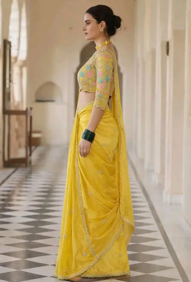 Designer Yellow Organza Saree with Embroidered Blouse, Floral Thread Work, Sequins and Zari Border, Unstitched Blouse Piece