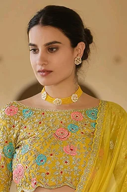 Designer Yellow Organza Saree with Embroidered Blouse, Floral Thread Work, Sequins and Zari Border, Unstitched Blouse Piece