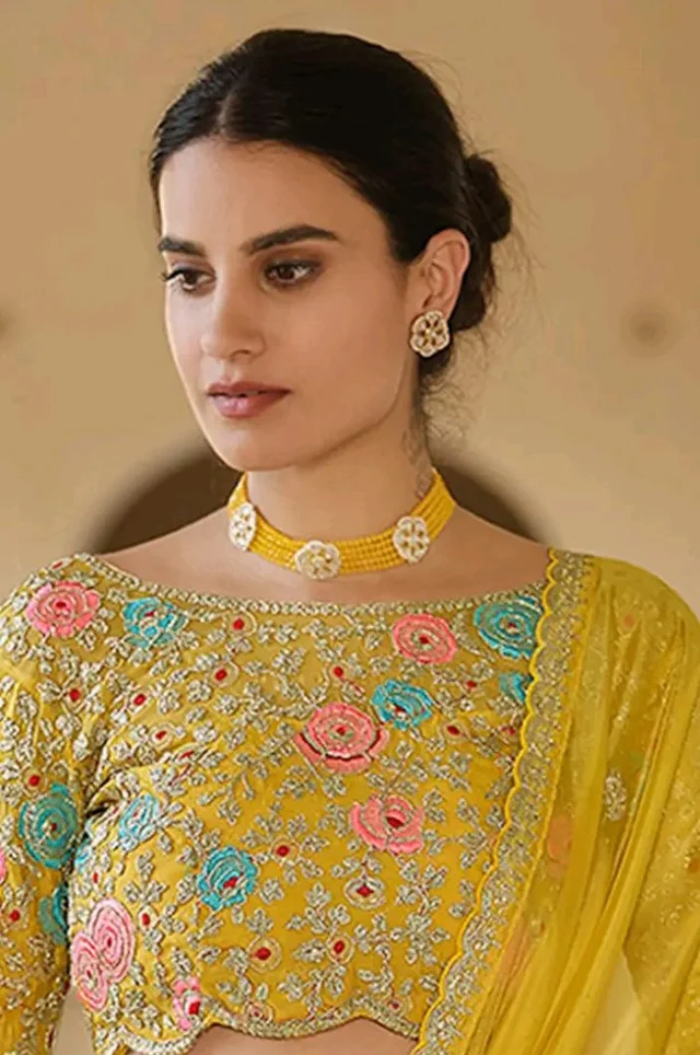 Designer Yellow Organza Saree with Embroidered Blouse, Floral Thread Work, Sequins and Zari Border, Unstitched Blouse Piece