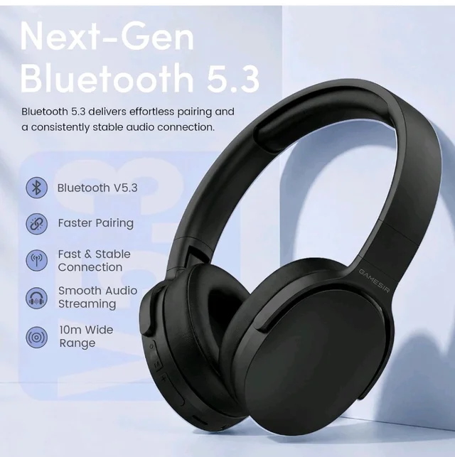 GameSir BeatXtra Wireless Stereo Bluetooth Headphones V5.3, Over Ear Foldable Headset with 40mm Drivers, Soft Cushioned Ear Pads, Built-in Mic, AUX Input, 10M Wireless Range, Teen & Adults (Black)