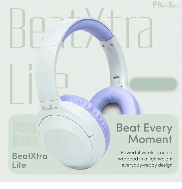 PunnkFunnk BeatXtra Lite Premium Wireless Bluetooth Headphones V5.3, Over Ear Stereo Headset with Built-in Microphone, 40mm Drivers, AUX Mode, Comfortable Cushions, Up to 250 Hours Standby (Blue)