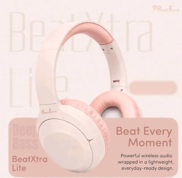 PunnkFunnk BeatXtra Lite Premium Wireless Bluetooth Headphones V5.3, Over Ear Stereo Headset with Built-in Microphone, 40mm Drivers, AUX Mode, Comfortable Cushions, Up to 250 Hours Standby (Pink)