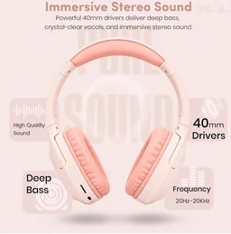 PunnkFunnk BeatXtra Lite Premium Wireless Bluetooth Headphones V5.3, Over Ear Stereo Headset with Built-in Microphone, 40mm Drivers, AUX Mode, Comfortable Cushions, Up to 250 Hours Standby (Pink)