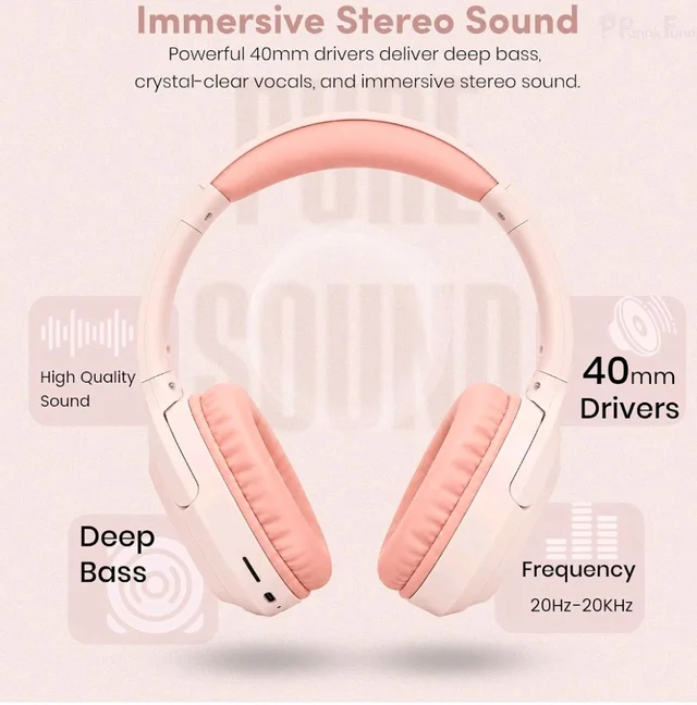 PunnkFunnk BeatXtra Lite Premium Wireless Bluetooth Headphones V5.3, Over Ear Stereo Headset with Built-in Microphone, 40mm Drivers, AUX Mode, Comfortable Cushions, Up to 250 Hours Standby (Pink)
