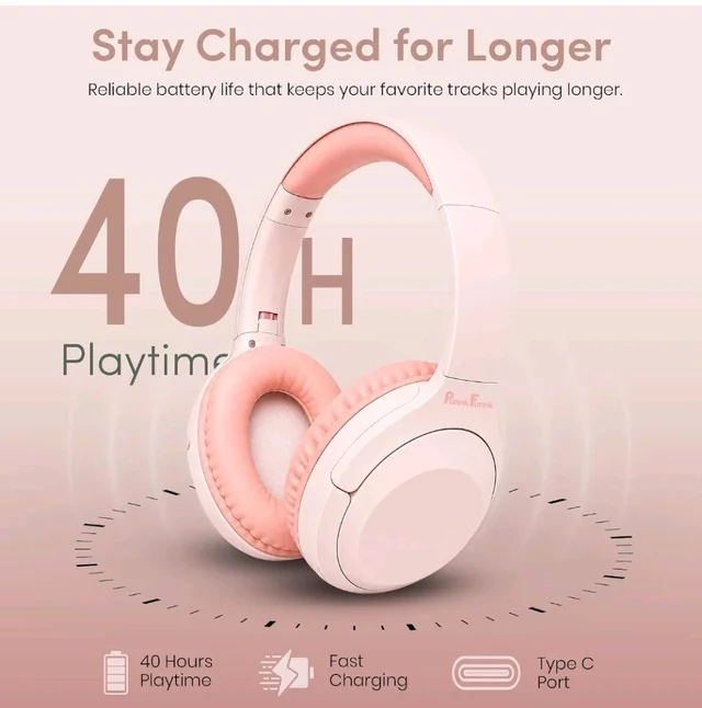 PunnkFunnk BeatXtra Lite Premium Wireless Bluetooth Headphones V5.3, Over Ear Stereo Headset with Built-in Microphone, 40mm Drivers, AUX Mode, Comfortable Cushions, Up to 250 Hours Standby (Pink)