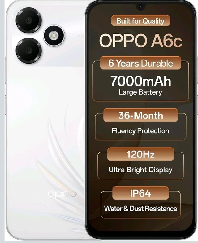 Oppo A6c 4G (Feather White, 4GB RAM, 64GB Storage) | 7000mAh Long-Lasting Battery | 120Hz Ultra Bright Display | IP64 Protection | 13MP Camera-with No Cost EMI/Additional Exchange Offers - Feather White