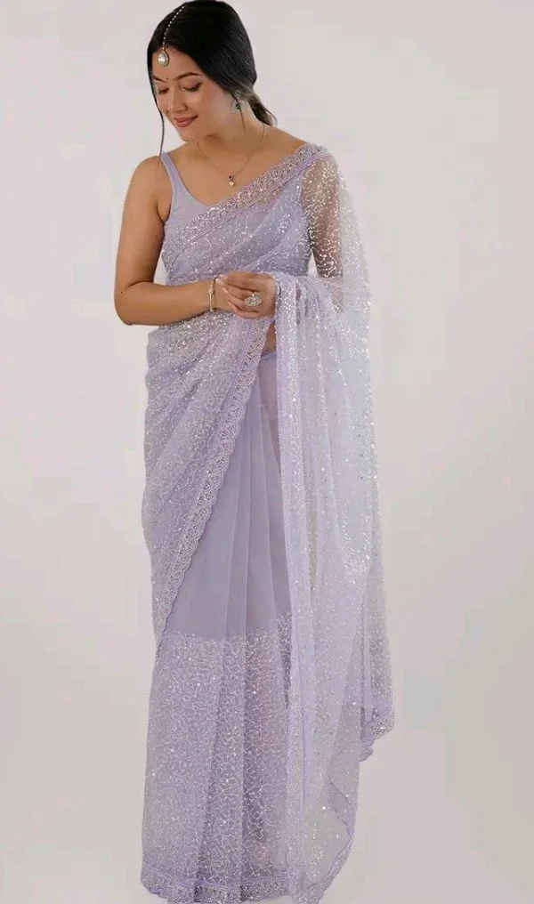 AKHILAM Women's Shimmer Net Embellished Saree With Unstitched Blouse Piece (AARYAN20901_KR_Parent)