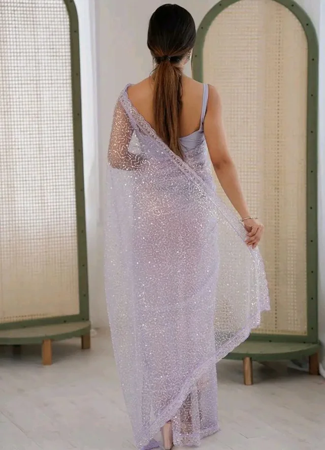 AKHILAM Women's Shimmer Net Embellished Saree With Unstitched Blouse Piece (AARYAN20901_KR_Parent)