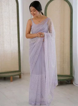 AKHILAM Women's Shimmer Net Embellished Saree With Unstitched Blouse Piece (AARYAN20901_KR_Parent)
