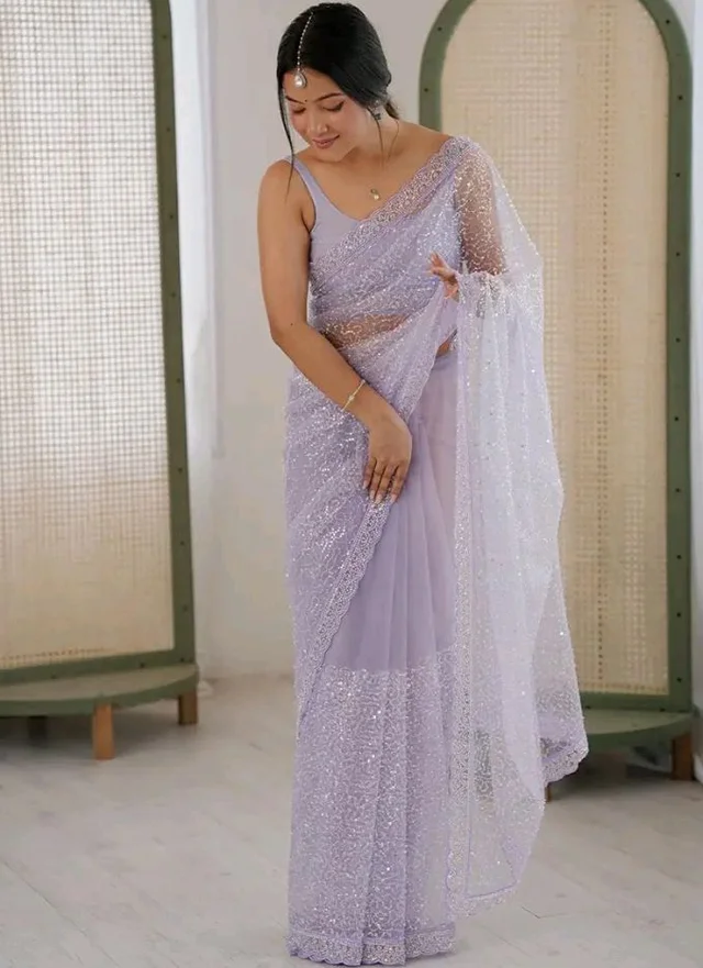 AKHILAM Women's Shimmer Net Embellished Saree With Unstitched Blouse Piece (AARYAN20901_KR_Parent)