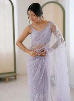 AKHILAM Women's Shimmer Net Embellished Saree With Unstitched Blouse Piece (AARYAN20901_KR_Parent)