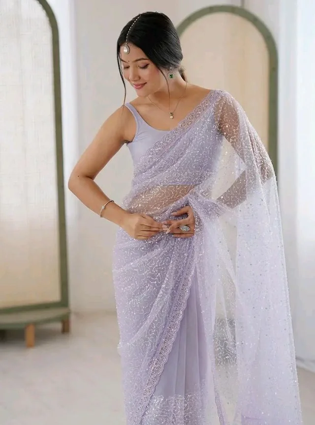 AKHILAM Women's Shimmer Net Embellished Saree With Unstitched Blouse Piece (AARYAN20901_KR_Parent)