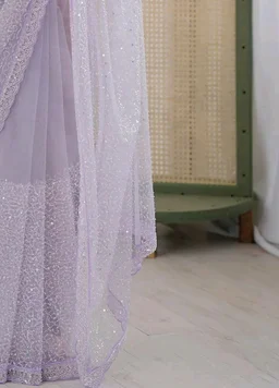 AKHILAM Women's Shimmer Net Embellished Saree With Unstitched Blouse Piece (AARYAN20901_KR_Parent)
