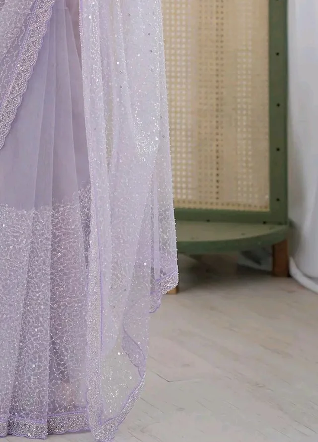 AKHILAM Women's Shimmer Net Embellished Saree With Unstitched Blouse Piece (AARYAN20901_KR_Parent)
