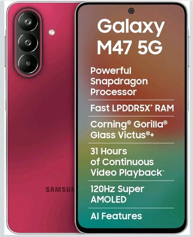Samsung Galaxy M47 5G Mobile (Rogue Red, 8GB RAM, 128GB Storage, 6000mAh Battery)| 50MP OIS| Snapdragon Processor| LPDDR5X RAM,UFS 3.1 Storage| Gorilla Glass Victus+| sAMOLED| Knox Security| AI - Rague Red