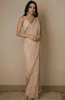 VAIRAGEE Women Soft Net Silk Jari Square Shape Embroidery & Sequence Work Saree With Unstiched Blouse(6097)
