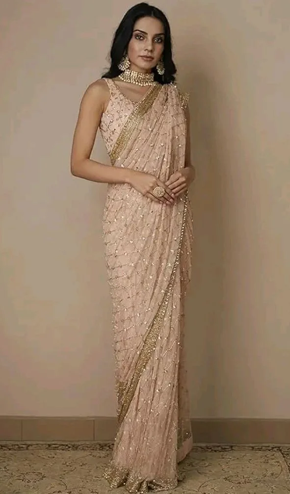 VAIRAGEE Women Soft Net Silk Jari Square Shape Embroidery & Sequence Work Saree With Unstiched Blouse(6097)