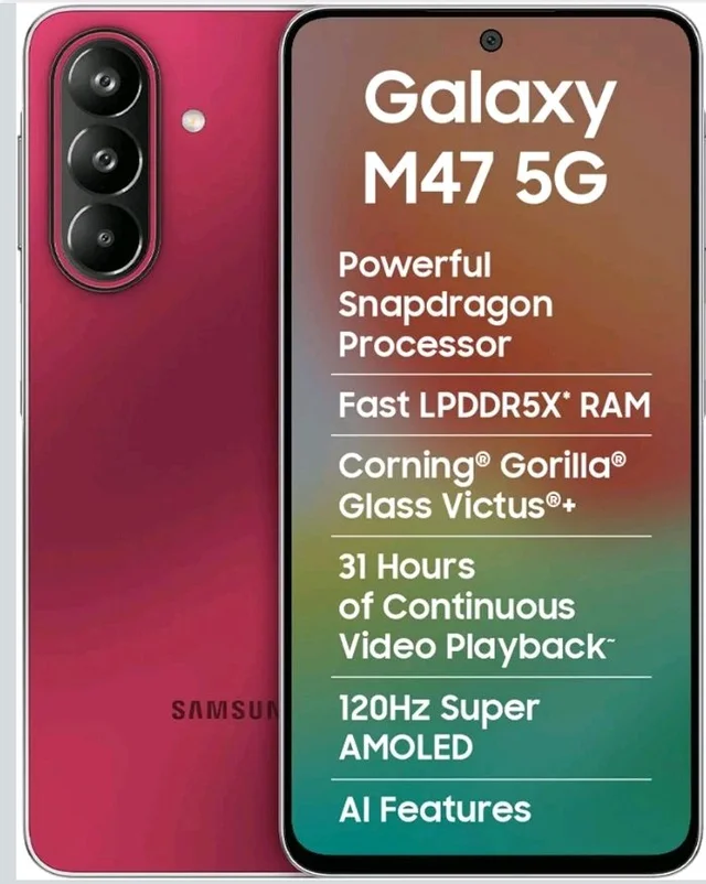 Samsung Galaxy M47 5G Mobile (Rogue Red, 6GB RAM, 128GB Storage, 6000mAh Battery)| 50MP OIS| Snapdragon Processor| LPDDR5X RAM,UFS 3.1 Storage| Gorilla Glass Victus+| sAMOLED| Knox Security| AI - Blaze Blue