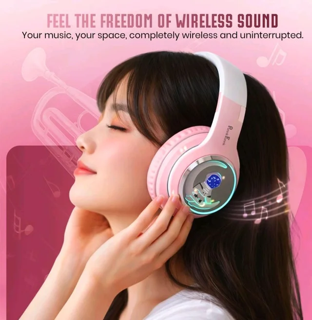 PunnkFunnk Astro Junior Wireless Bluetooth Headphones with BT 5.3, Noise Cancelling, Hi-Res Audio, 40mm Drivers, Deep Bass, Memory Foam Ear Cushions, Over-Ear Headset for Kids, Teens & Adults (Pink)