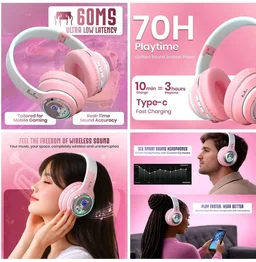 PunnkFunnk Astro Junior Wireless Bluetooth Headphones with BT 5.3, Noise Cancelling, Hi-Res Audio, 40mm Drivers, Deep Bass, Memory Foam Ear Cushions, Over-Ear Headset for Kids, Teens & Adults (Pink)