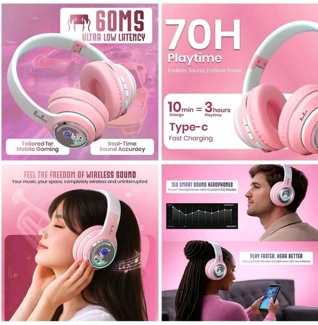 PunnkFunnk Astro Junior Wireless Bluetooth Headphones with BT 5.3, Noise Cancelling, Hi-Res Audio, 40mm Drivers, Deep Bass, Memory Foam Ear Cushions, Over-Ear Headset for Kids, Teens & Adults (Pink)