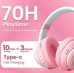 PunnkFunnk Astro Junior Wireless Bluetooth Headphones with BT 5.3, Noise Cancelling, Hi-Res Audio, 40mm Drivers, Deep Bass, Memory Foam Ear Cushions, Over-Ear Headset for Kids, Teens & Adults (Pink)