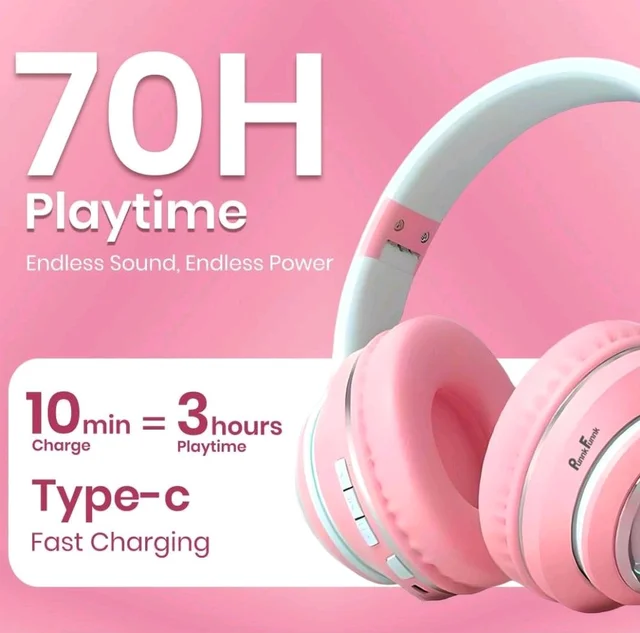 PunnkFunnk Astro Junior Wireless Bluetooth Headphones with BT 5.3, Noise Cancelling, Hi-Res Audio, 40mm Drivers, Deep Bass, Memory Foam Ear Cushions, Over-Ear Headset for Kids, Teens & Adults (Pink)