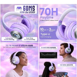 PunnkFunnk Astro Junior Wireless Bluetooth Headphones with BT 5.3, Noise Cancelling, Hi-Res Audio, 40mm Drivers, Deep Bass, Memory Foam Ear Cushions, Over-Ear Headset for Kids, Teens & Adults (Purple)