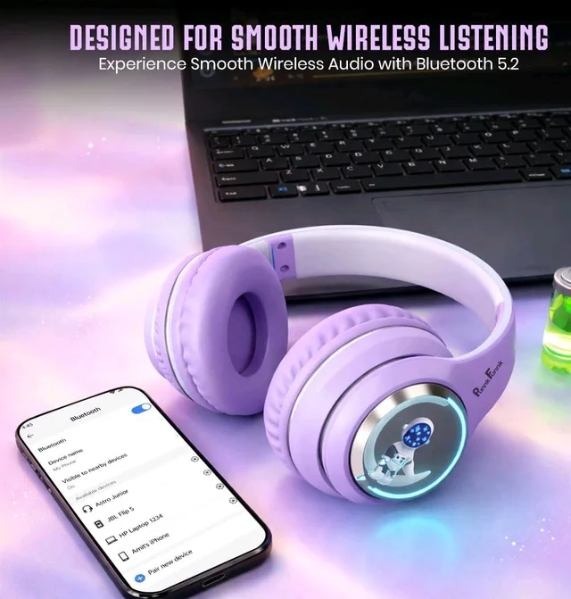 PunnkFunnk Astro Junior Wireless Bluetooth Headphones with BT 5.3, Noise Cancelling, Hi-Res Audio, 40mm Drivers, Deep Bass, Memory Foam Ear Cushions, Over-Ear Headset for Kids, Teens & Adults (Purple)