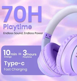 PunnkFunnk Astro Junior Wireless Bluetooth Headphones with BT 5.3, Noise Cancelling, Hi-Res Audio, 40mm Drivers, Deep Bass, Memory Foam Ear Cushions, Over-Ear Headset for Kids, Teens & Adults (Purple)