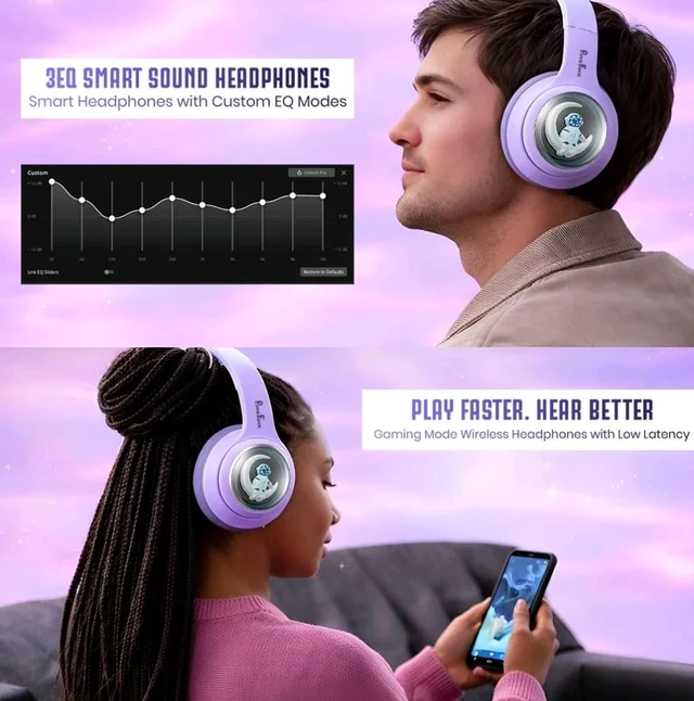 PunnkFunnk Astro Junior Wireless Bluetooth Headphones with BT 5.3, Noise Cancelling, Hi-Res Audio, 40mm Drivers, Deep Bass, Memory Foam Ear Cushions, Over-Ear Headset for Kids, Teens & Adults (Purple)