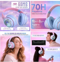 PunnkFunnk Astro Junior Wireless Bluetooth Headphones with BT 5.3, Noise Cancelling, Hi-Res Audio, 40mm Drivers, Deep Bass, Memory Foam Ear Cushions, Over-Ear Headset for Kids, Teens & Adults (Blue)