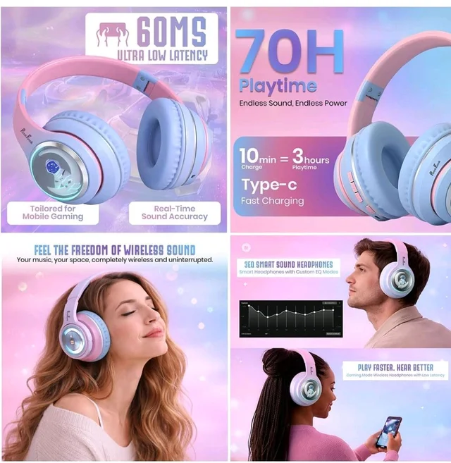 PunnkFunnk Astro Junior Wireless Bluetooth Headphones with BT 5.3, Noise Cancelling, Hi-Res Audio, 40mm Drivers, Deep Bass, Memory Foam Ear Cushions, Over-Ear Headset for Kids, Teens & Adults (Blue)