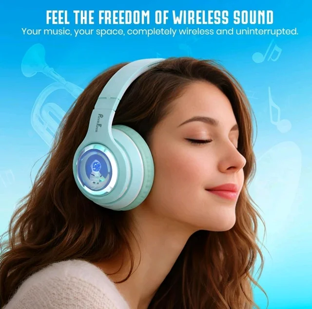 PunnkFunnk Astro Junior Wireless Bluetooth Headphones with BT 5.3, Noise Cancelling, Hi-Res Audio, 40mm Drivers, Deep Bass, Memory Foam Ear Cushions, Over-Ear Headset for Kids, Teens & Adults (Green)