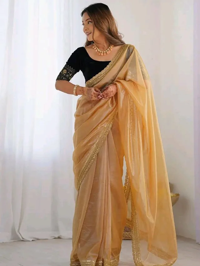 SIRIL Women's Shimmer Net Sequence Embroidery Lace Saree for With Unstitched Blouse Piece