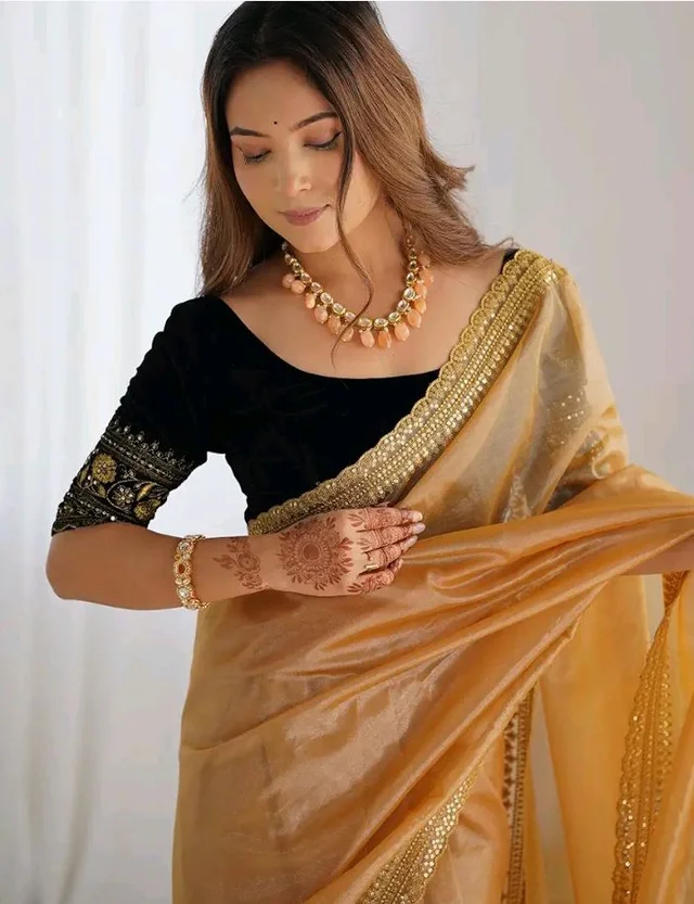 SIRIL Women's Shimmer Net Sequence Embroidery Lace Saree for With Unstitched Blouse Piece