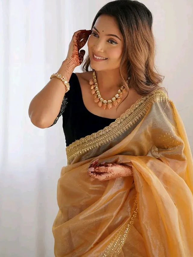 SIRIL Women's Shimmer Net Sequence Embroidery Lace Saree for With Unstitched Blouse Piece
