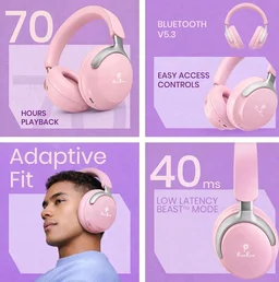 PunnkFunnk Bass Over-Ear Bluetooth Wireless Headphones with Deep Bass, 40mm Drivers, Built-in Mic, Foldable Design, Soft Cushioned Ear Cups, AUX & TF Support for Music, Gaming & Calls (Pink)