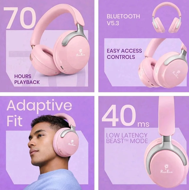 PunnkFunnk Bass Over-Ear Bluetooth Wireless Headphones with Deep Bass, 40mm Drivers, Built-in Mic, Foldable Design, Soft Cushioned Ear Cups, AUX & TF Support for Music, Gaming & Calls (Pink)