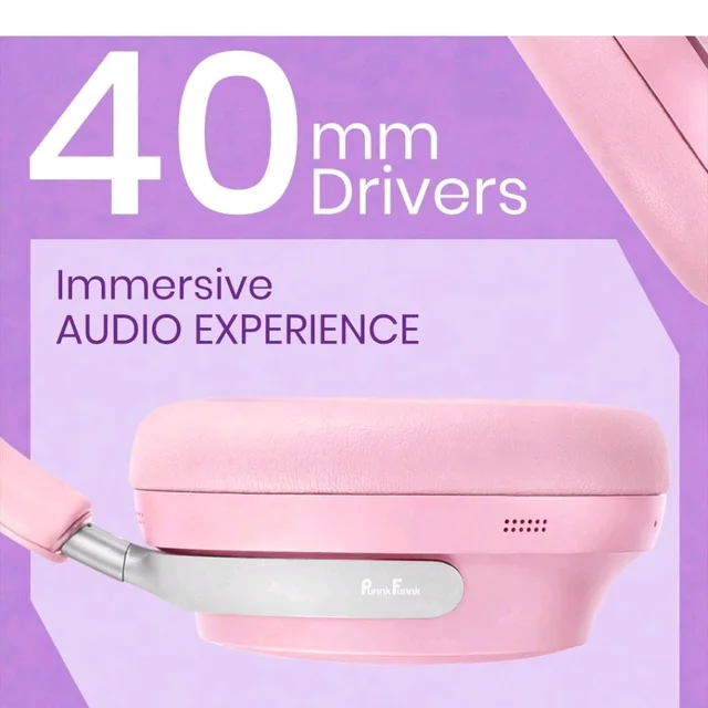 PunnkFunnk Bass Over-Ear Bluetooth Wireless Headphones with Deep Bass, 40mm Drivers, Built-in Mic, Foldable Design, Soft Cushioned Ear Cups, AUX & TF Support for Music, Gaming & Calls (Pink)