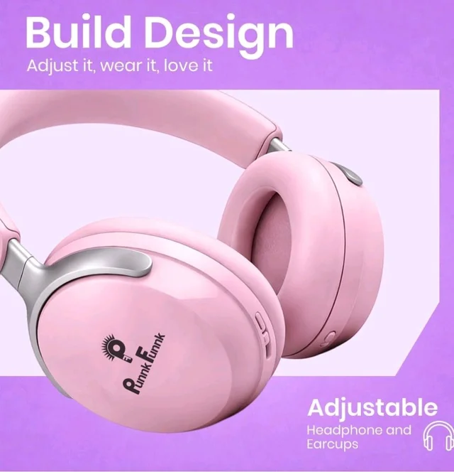 PunnkFunnk Bass Over-Ear Bluetooth Wireless Headphones with Deep Bass, 40mm Drivers, Built-in Mic, Foldable Design, Soft Cushioned Ear Cups, AUX & TF Support for Music, Gaming & Calls (Pink)