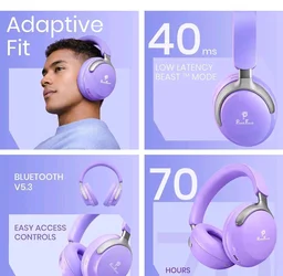 PunnkFunnk Bass Over-Ear Bluetooth Wireless Headphones with Deep Bass, 40mm Drivers, Built-in Mic, Foldable Design, Soft Cushioned Ear Cups, AUX & TF Support for Music, Gaming & Calls (Purple)