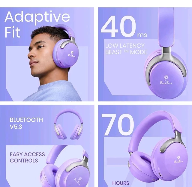 PunnkFunnk Bass Over-Ear Bluetooth Wireless Headphones with Deep Bass, 40mm Drivers, Built-in Mic, Foldable Design, Soft Cushioned Ear Cups, AUX & TF Support for Music, Gaming & Calls (Purple)