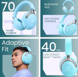 PunnkFunnk Bass Over-Ear Bluetooth Wireless Headphones with Deep Bass, 40mm Drivers, Built-in Mic, Foldable Design, Soft Cushioned Ear Cups, AUX & TF Support for Music, Gaming & Calls (Blue)