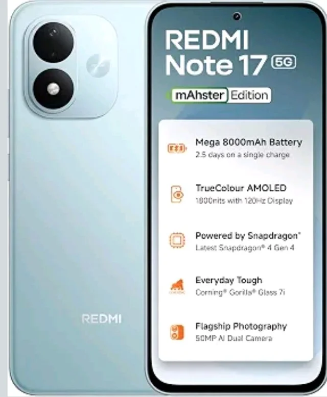 REDMI Note 17 5G (Arctic Blue, 6GB RAM, 128GB ROM) | 8000mAh Battery + 45W Fast Charging* | 6.99" 120Hz TrueColour AMOLED | Snapdragon 4 Gen 4 | 50MP Dual AI Camera | Corning® Gorilla® Glass 7i | IP65 - Arctic Blue