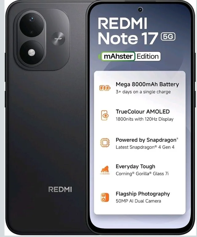 Redmi Note 17 5G (Dark Night, 8GB RAM, 128GB ROM) | 8000mAh Battery + 45W Fast Charging | 6.99" TrueColour AMOLED | Snapdragon 4 Gen 4 | 50MP Dual AI Camera | Corning® Gorilla® Glass 7i | IP65 - Dark Night
