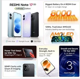 Redmi Note 17 5G (Dark Night, 8GB RAM, 128GB ROM) | 8000mAh Battery + 45W Fast Charging | 6.99" TrueColour AMOLED | Snapdragon 4 Gen 4 | 50MP Dual AI Camera | Corning® Gorilla® Glass 7i | IP65 - Dark Night