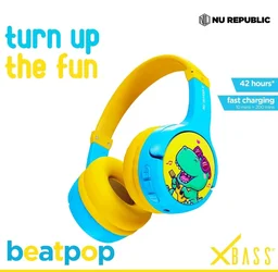 Nu Republic Beatpop Kids Wireless Headphones, 85dB Safe Volume, 42H Playtime, Bluetooth 5.0, 40mm Drivers, ENC, X-Bass, Type-C Fast Charging, Foldable, 3–12 Years (Blue & Yellow)