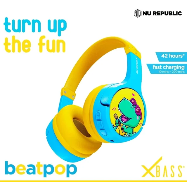 Nu Republic Beatpop Kids Wireless Headphones, 85dB Safe Volume, 42H Playtime, Bluetooth 5.0, 40mm Drivers, ENC, X-Bass, Type-C Fast Charging, Foldable, 3–12 Years (Blue & Yellow)